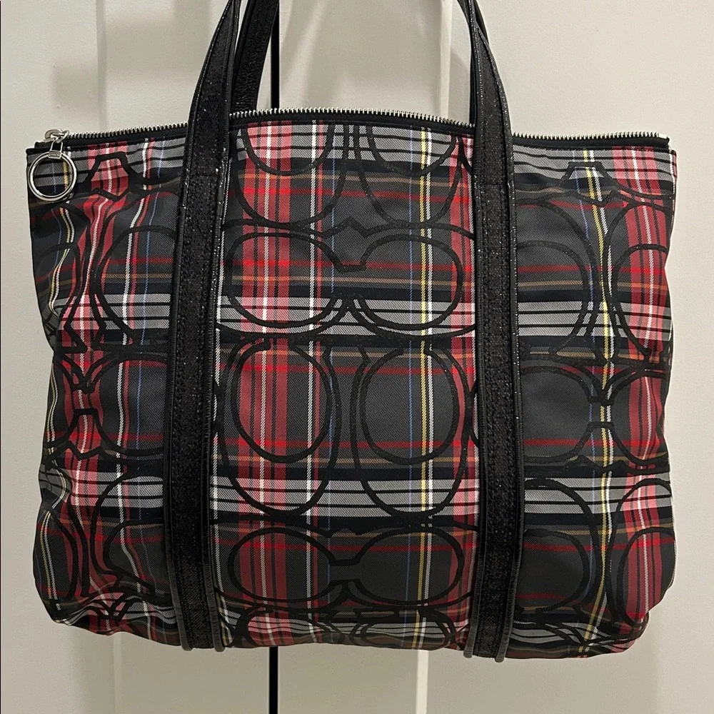 Coach (EUC) Poppy Black and Red Plaid Tote with Black Sequin Trimming & Handles - Picture 9 of 15